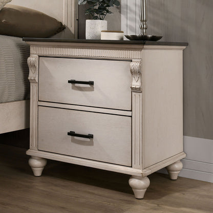 Antique White / Gray 1pc Nightstand Two-Tone Design Dark Bronze Bar Pull Pulls Solidwood Bedside Table Bedroom