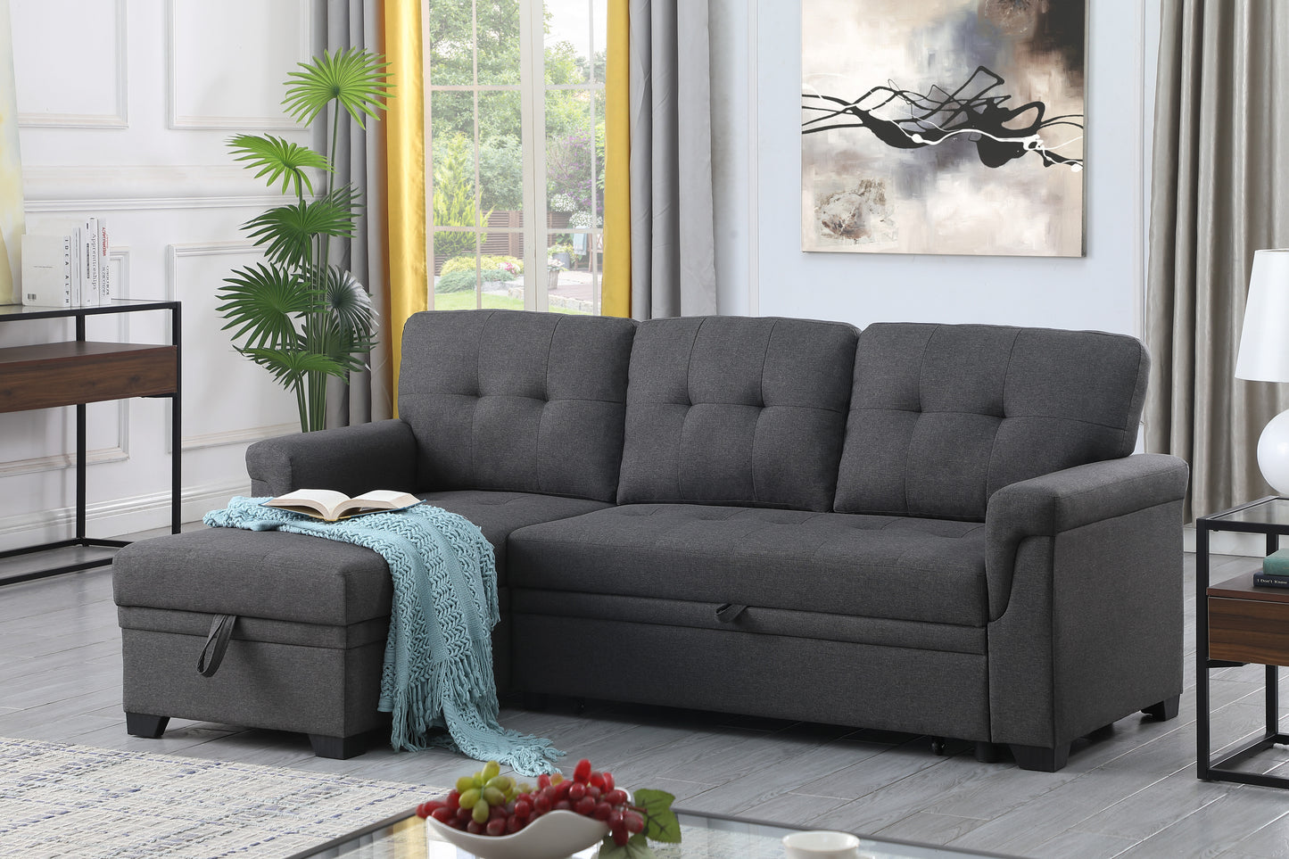 Lucca Dark Gray Linen Reversible Sleeper Sectional Sofa with Storage Chaise