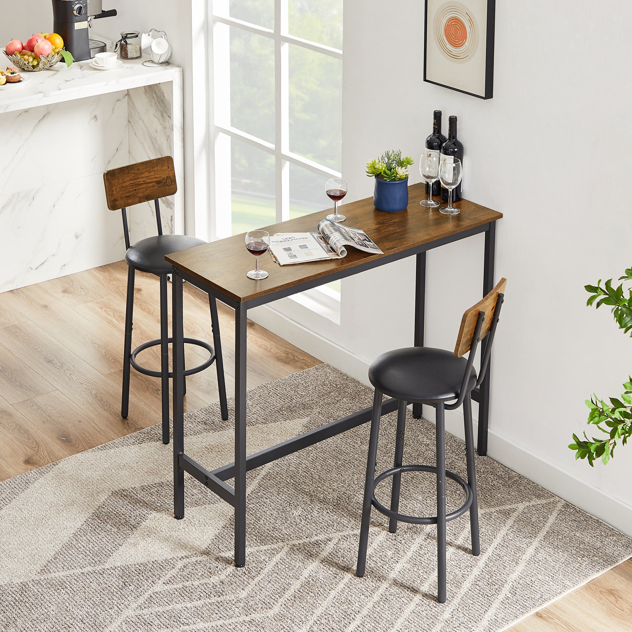 Bar Table Set with 2 Bar stools PU Soft seat with backrest, Rustic Brown,43.31'' L x 15.75'' W x 23.62'' H.