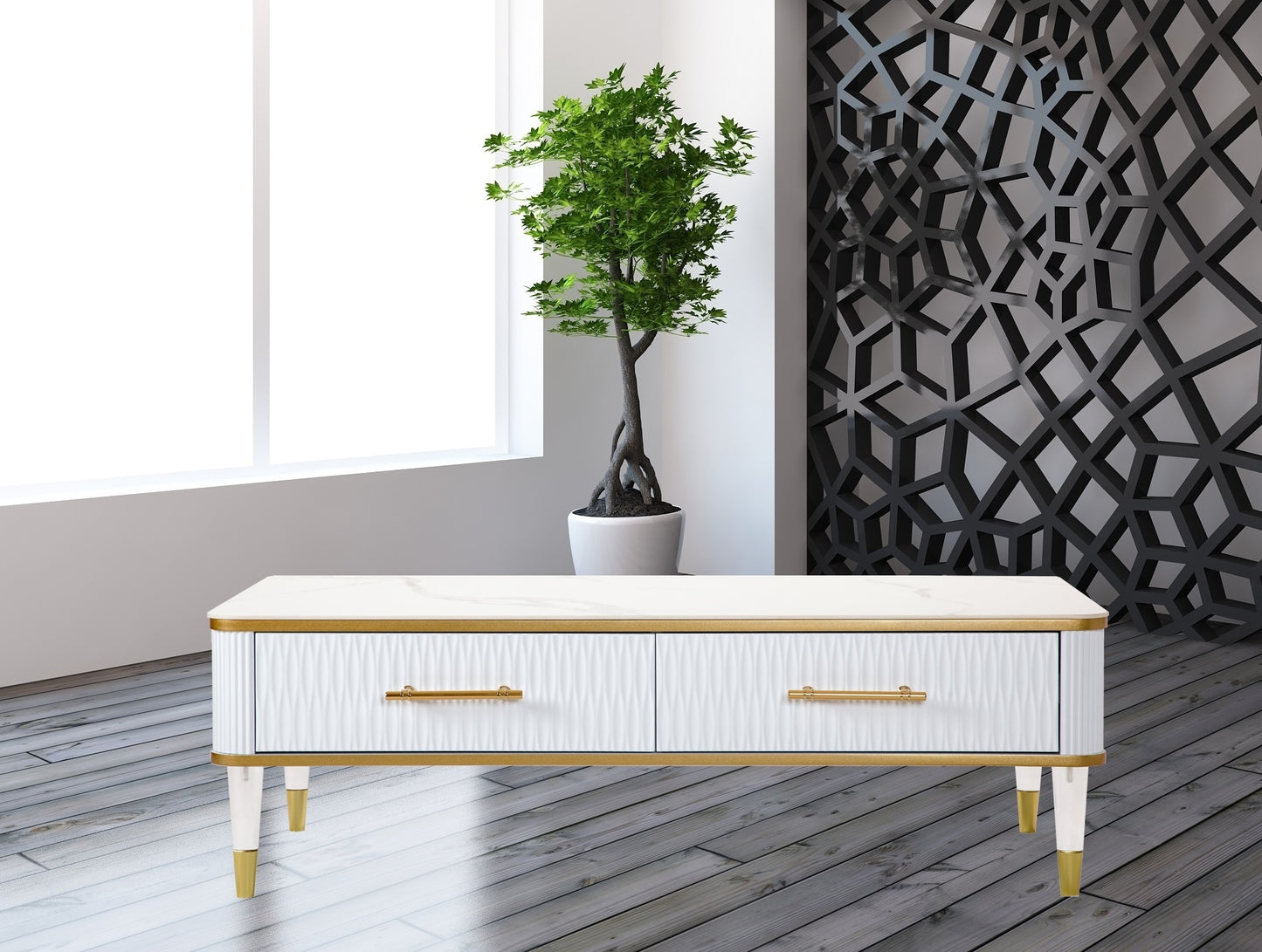 Modern White/Gold tone Sintered Matte Stone Top Coffee Table W/ Drawer