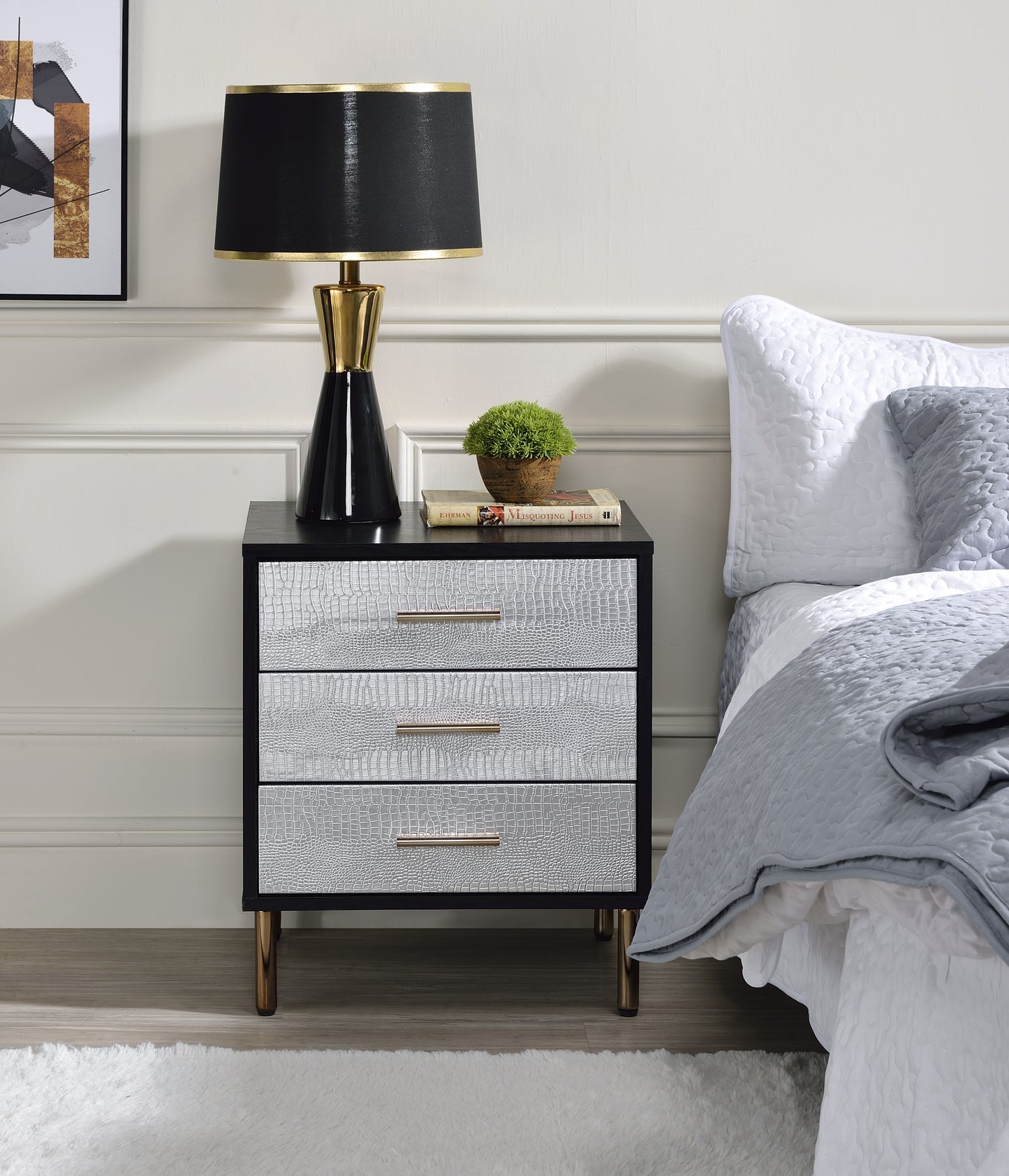 Glavbiku Myles Nightstand, Black, Silver & Gold Finish AC00842