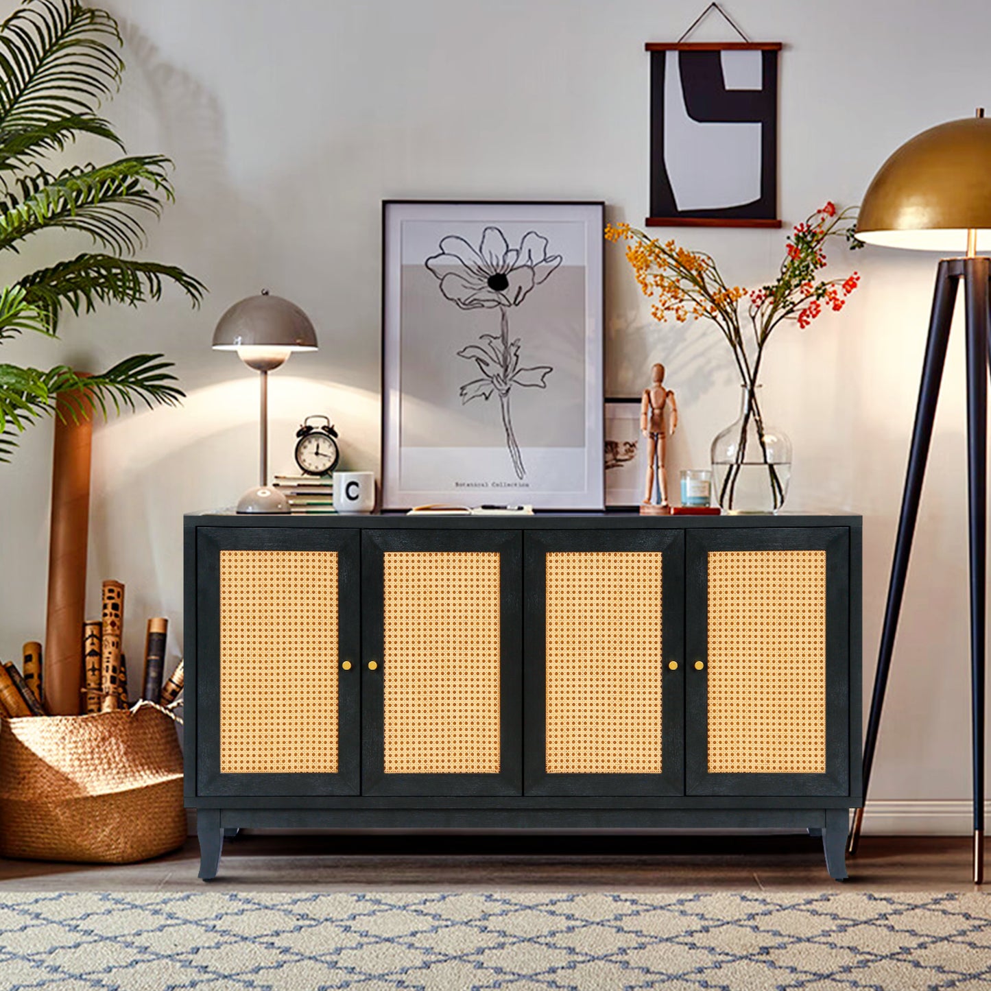 Handcrafted Premium Grain Panels,Rattan Sideboard Buffer Cabinet,Accent Storage Cabinet With 4 Rattan Doors, Modern Storage Cupboard Console Table with Adjustable Shelves for Living Room ,BLACK