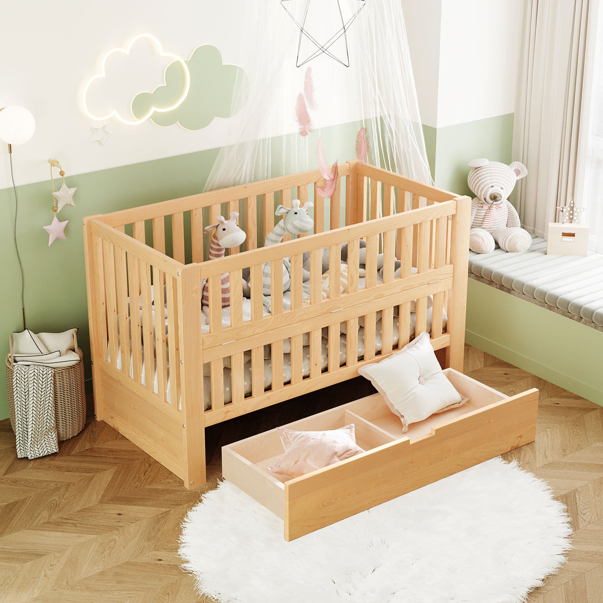 Convertible Crib/Full Size Bed with Drawers and 3 Height Options, Natural